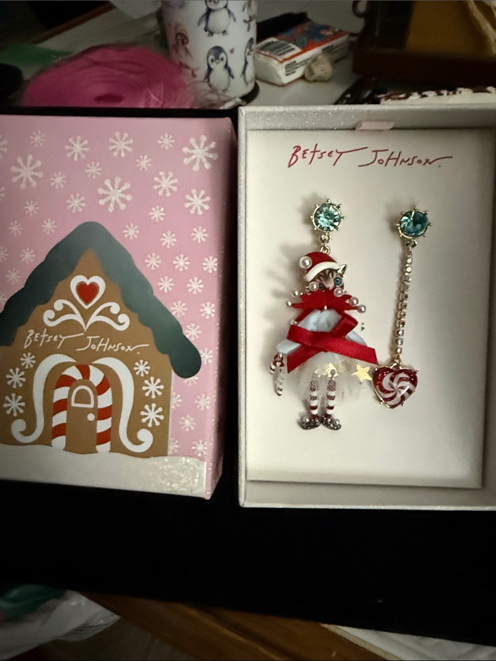 Betsey Johnson Red and Teal Elf Mismatch Drop Earrings